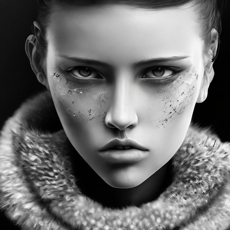 Monochrome portrait of woman with intense eyes and fur collar