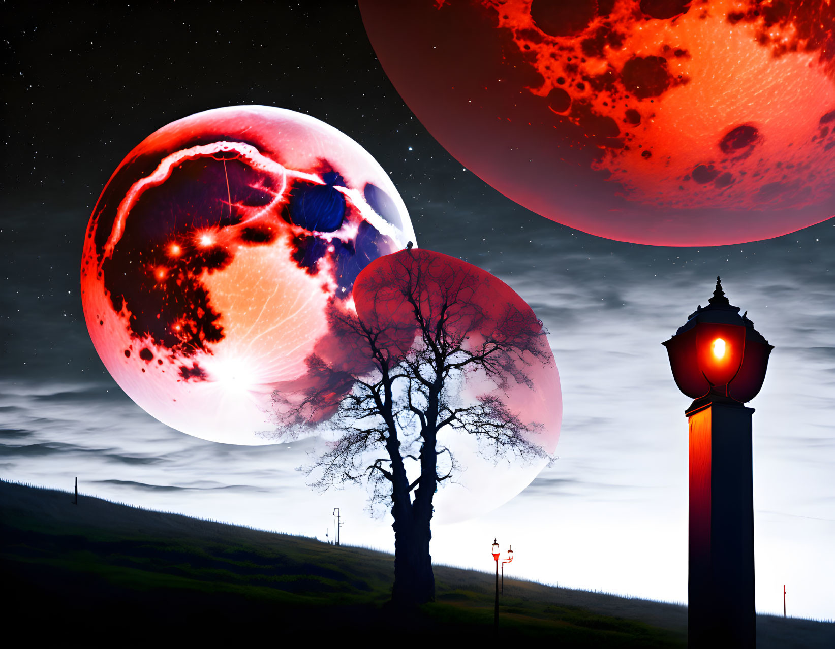 Surreal night landscape with glowing red planets and lone tree