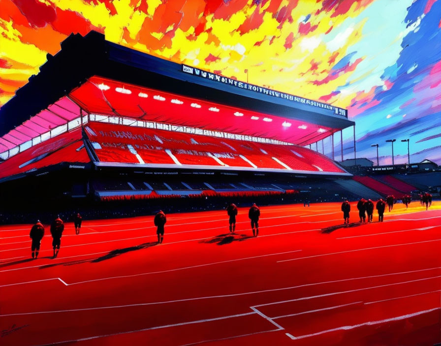 Vibrant illustration of spectators at stadium under dramatic sunset sky