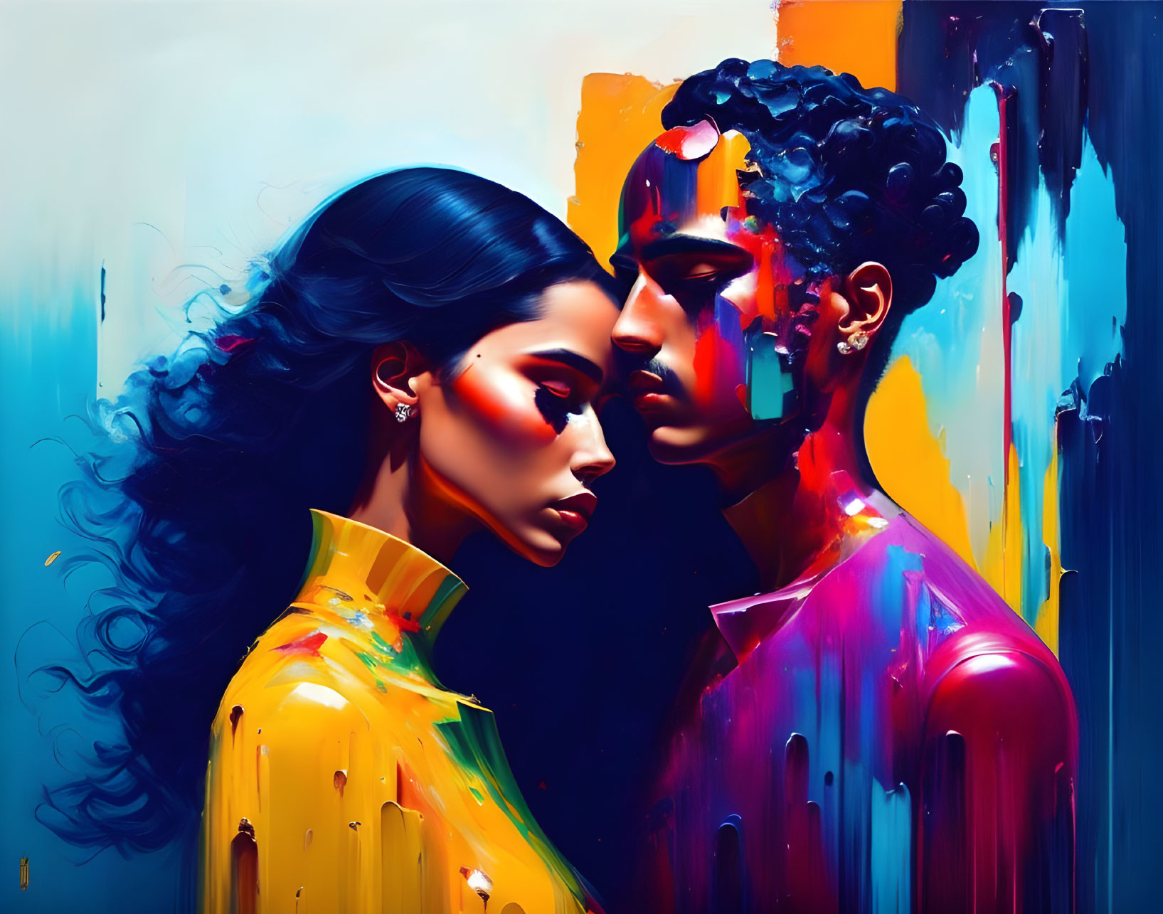 Abstract profile faces with vibrant, melting colors depicting modern intimacy