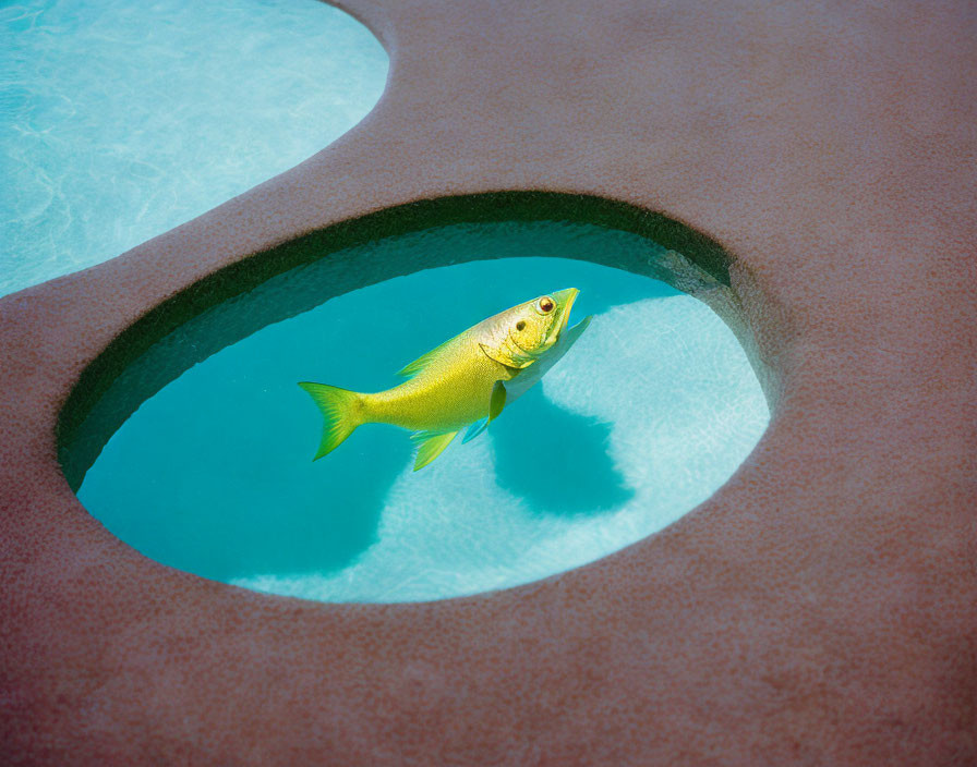 Vibrant yellow fish in clear pool with circular cut-out.