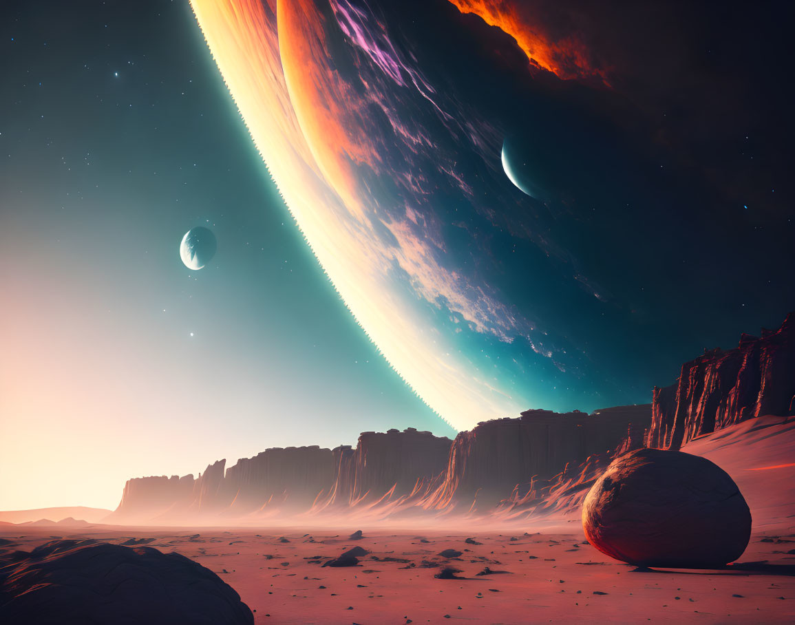 Futuristic alien landscape with ringed planet and rocky terrain