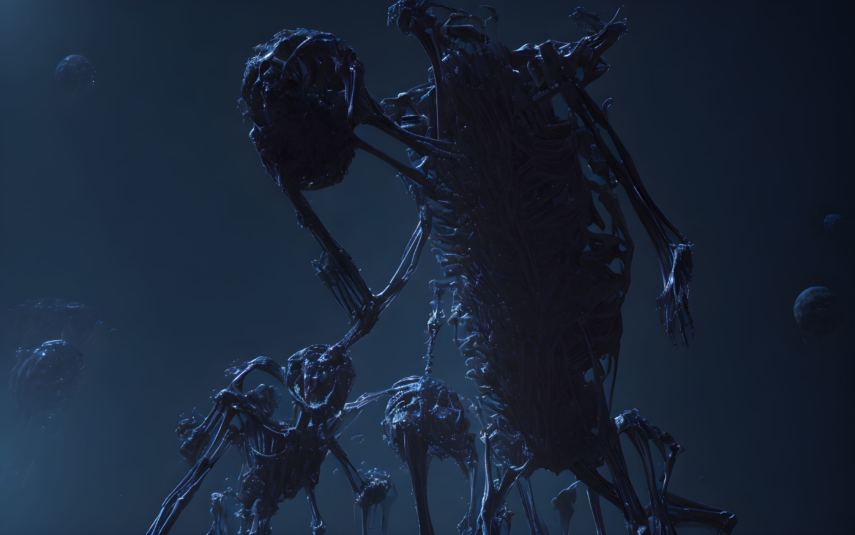 Eerie skeletal figures on deep blue background