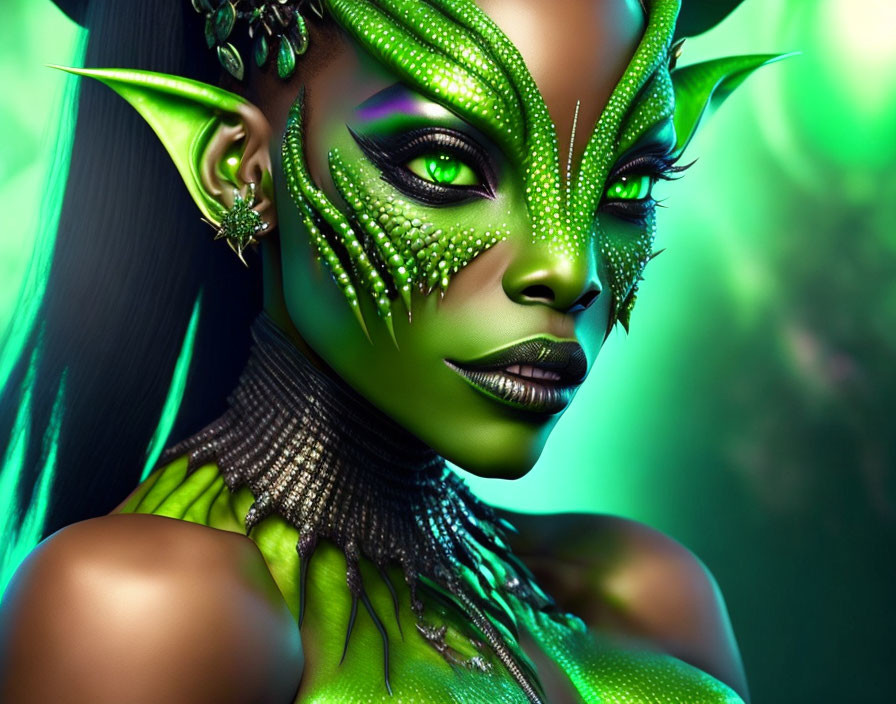 Fantasy-themed female figure with green skin and pointed ears.