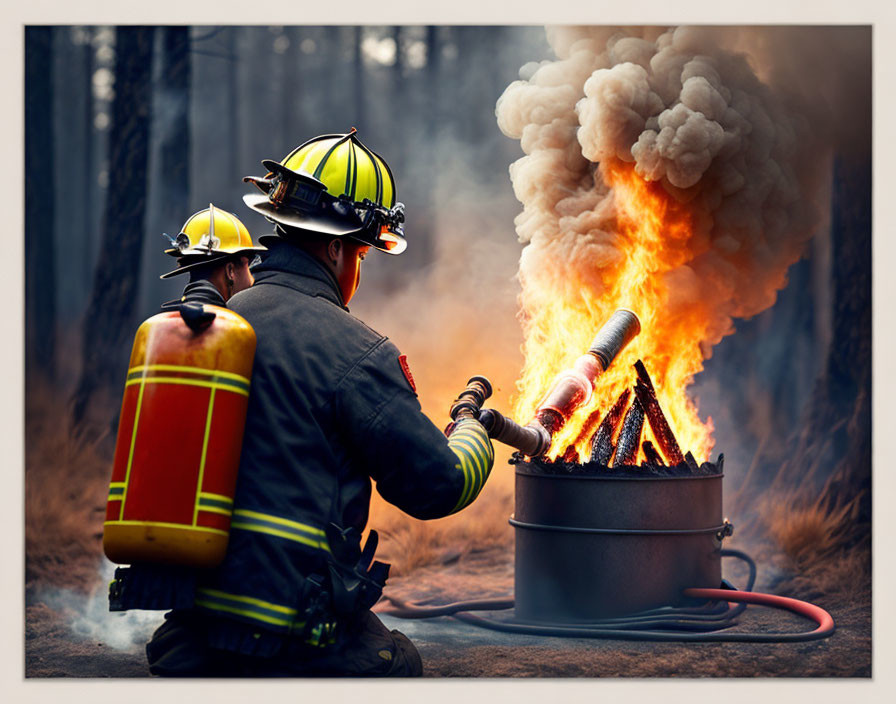 Firefighters combatting blaze with hose in smoky landscape