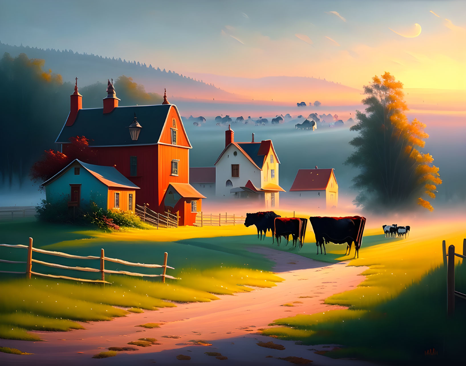 Rural landscape with red-roofed houses, grazing cows, misty dawn, and golden sun