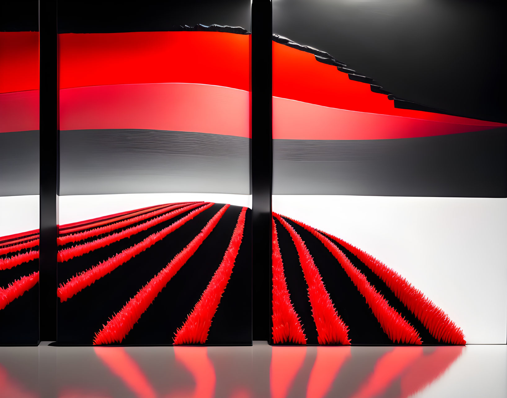 Symmetrical red and black pattern reflected in mirror-like panels