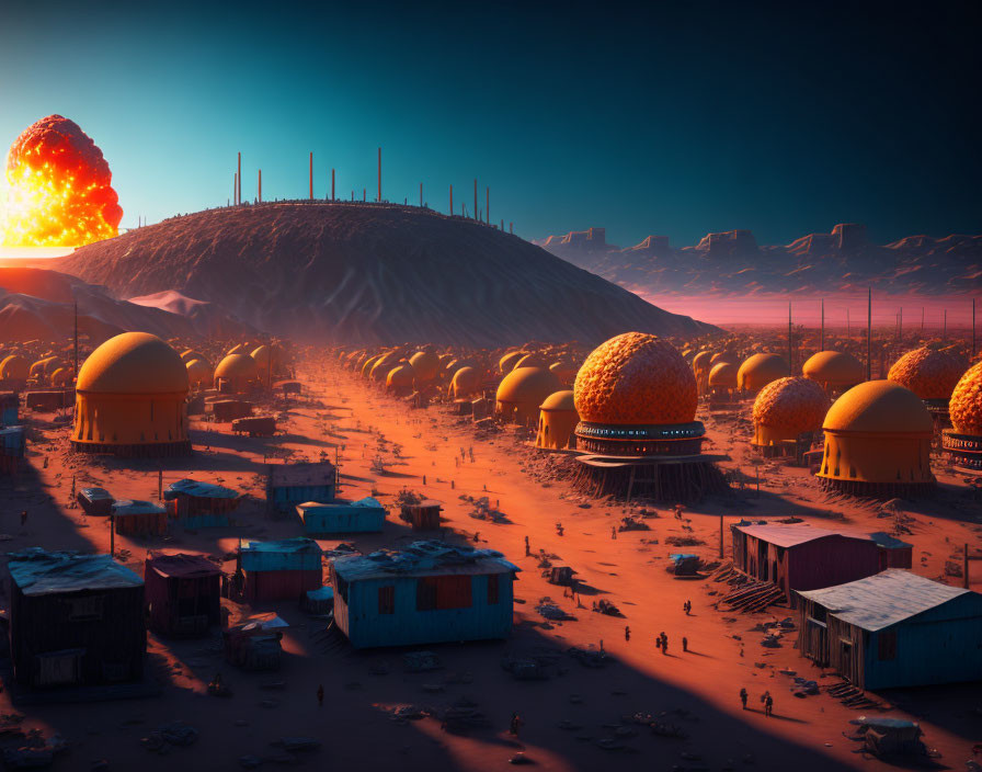 Futuristic colony with dome structures on red landscape with explosion in dusky sky