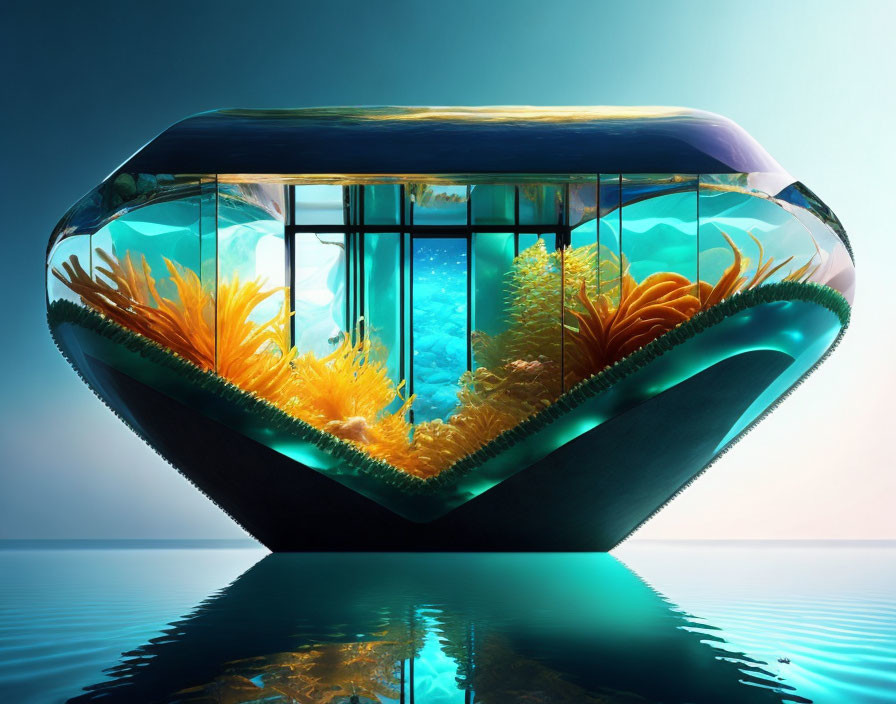 Large glass aquarium with vibrant coral and marine life in futuristic setting