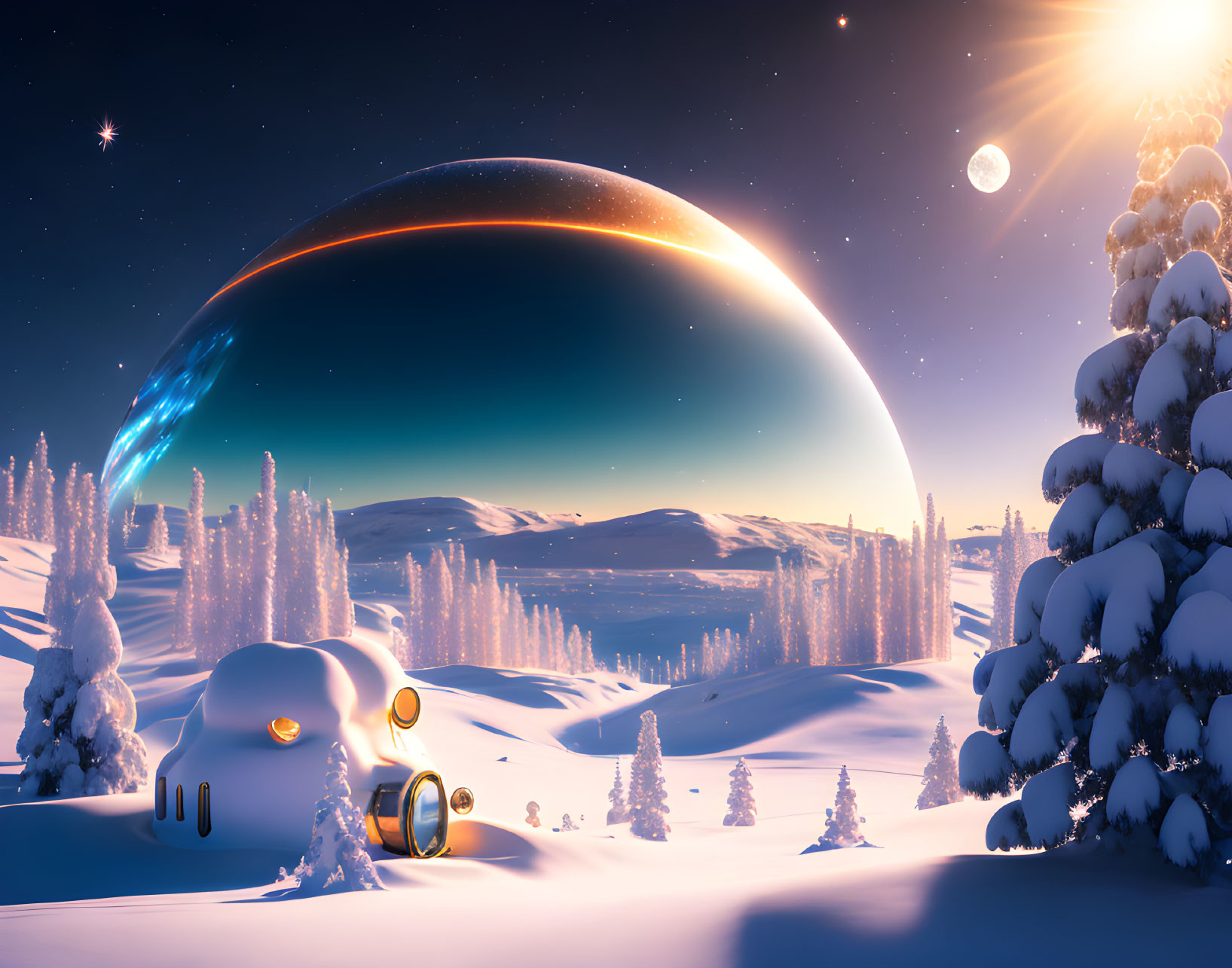 Snowy Dusk Landscape with Surreal Planet, Pine Trees, and Futuristic Building