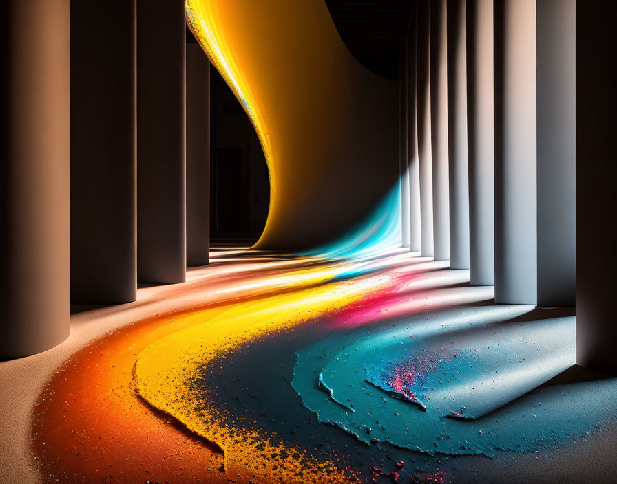 Colorful Swirl Between Dark Pillars on Glossy Floor