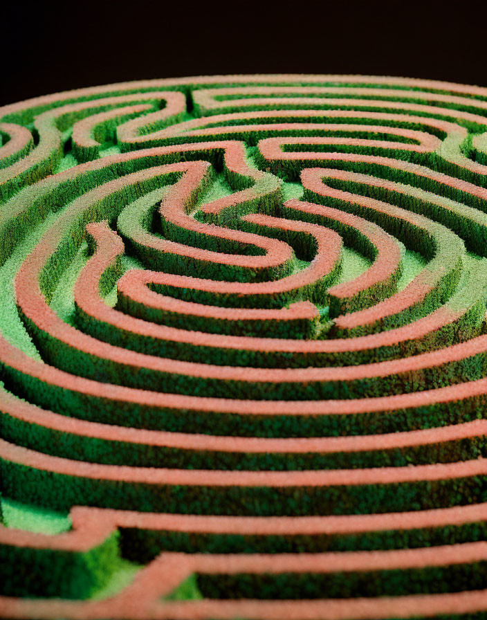 Green Hedge Circular Labyrinth on Dark Background