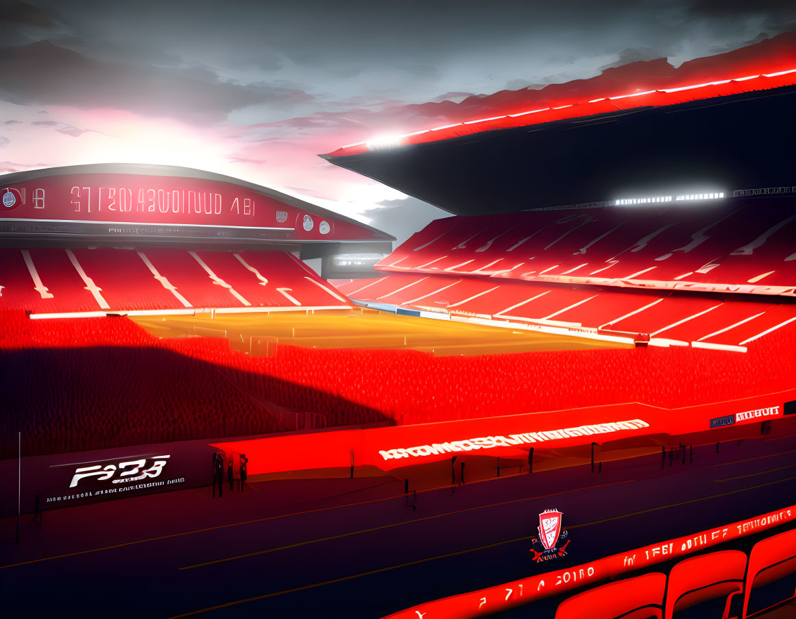 Deserted football stadium at dusk with red seating and illuminated pitch.