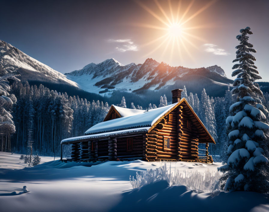 Snow-covered log cabin in serene winter landscape with sunbeams and mountains