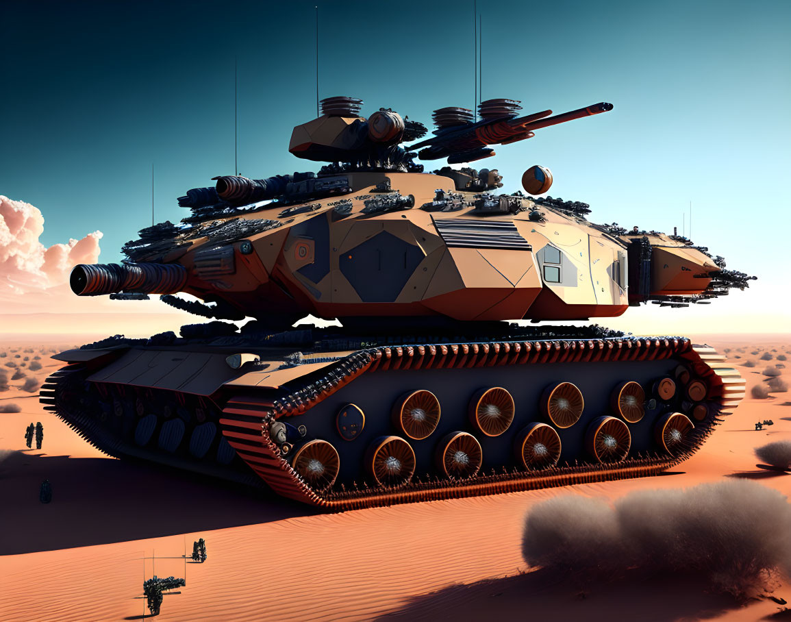 Futuristic multi-turreted tank on desert landscape