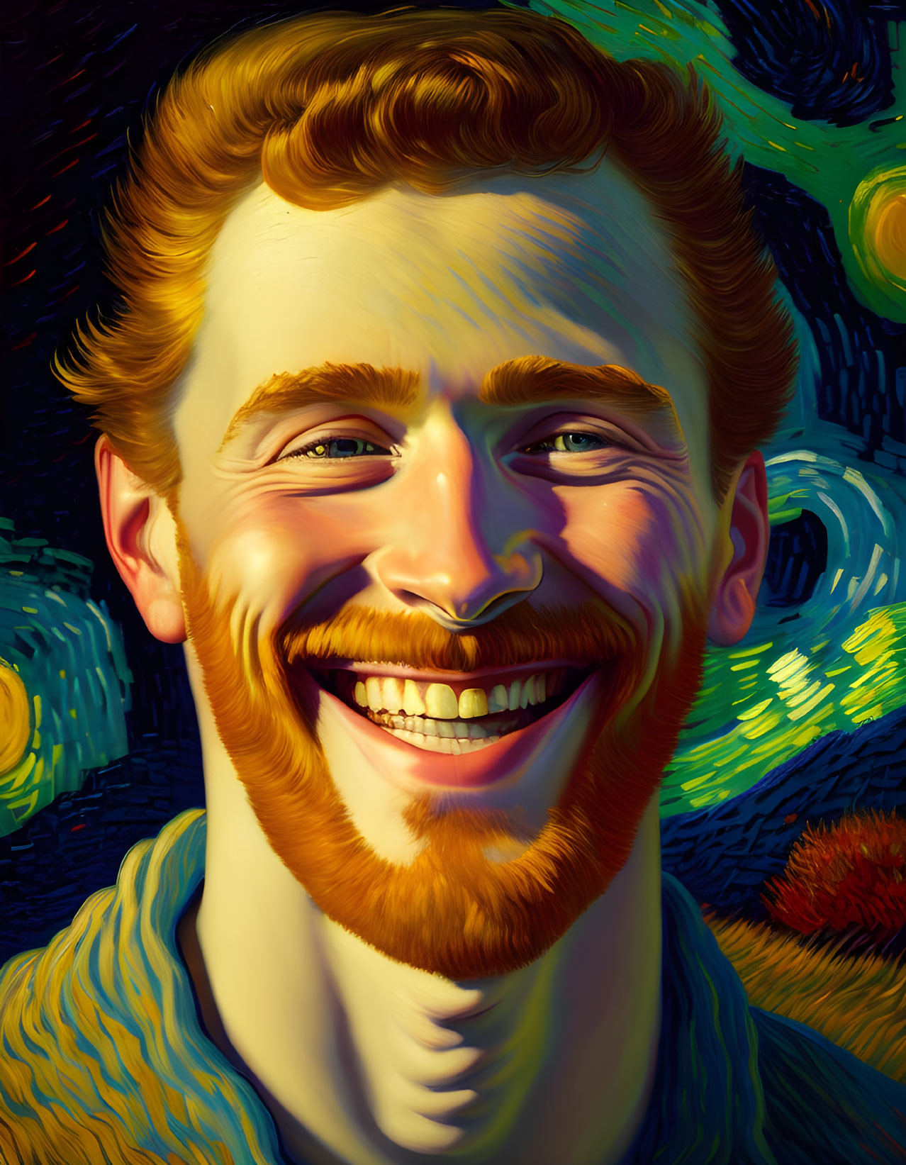 Vibrant Van Gogh-inspired digital portrait of a smiling man with ginger hair