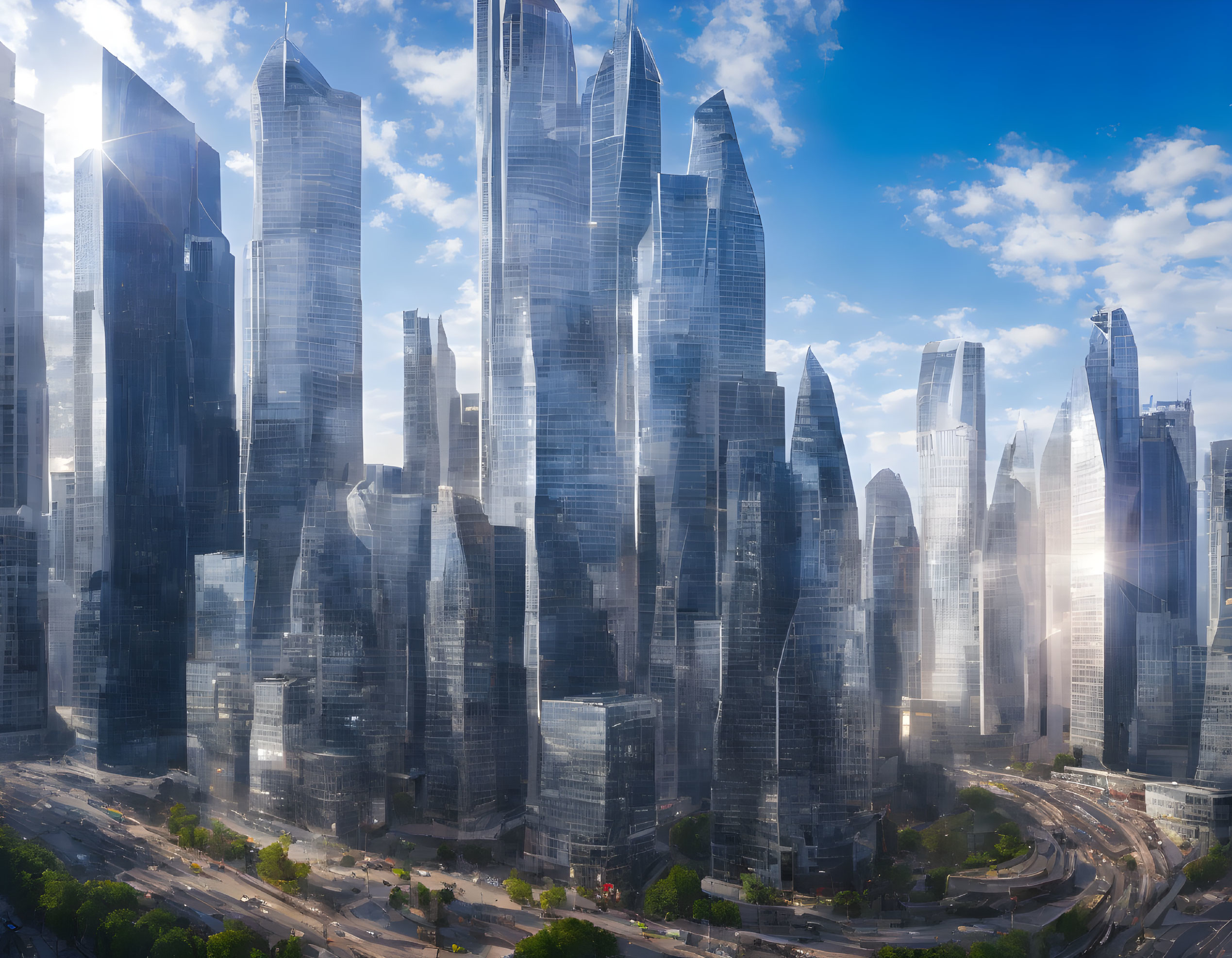 Futuristic cityscape with towering skyscrapers and glass facades