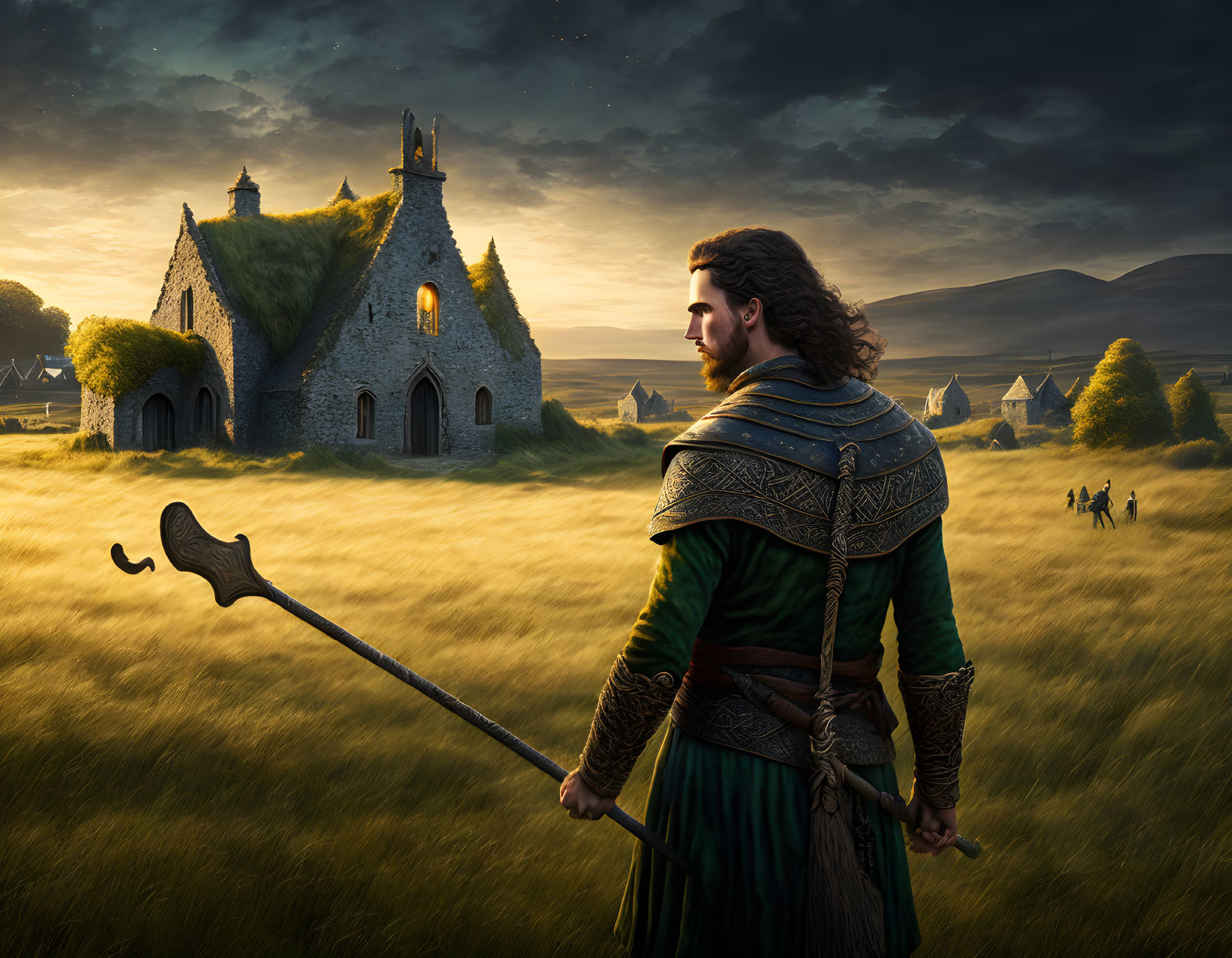 Medieval warrior looking at church in golden field with approaching group under dramatic sky