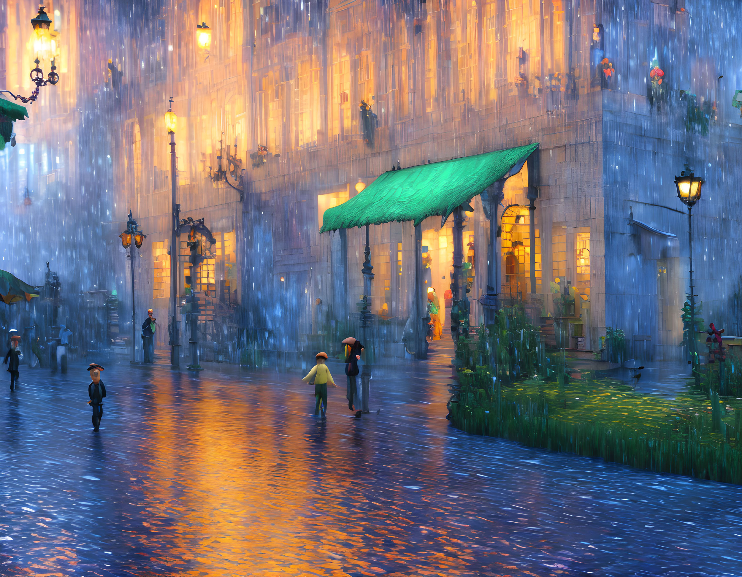 Rainy Dusk Street Scene: Glowing Streetlights, Green Awning, Umbrella People