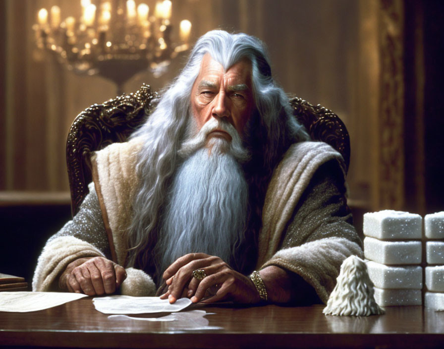 Elderly Man with Long White Beard Sitting at Wooden Table