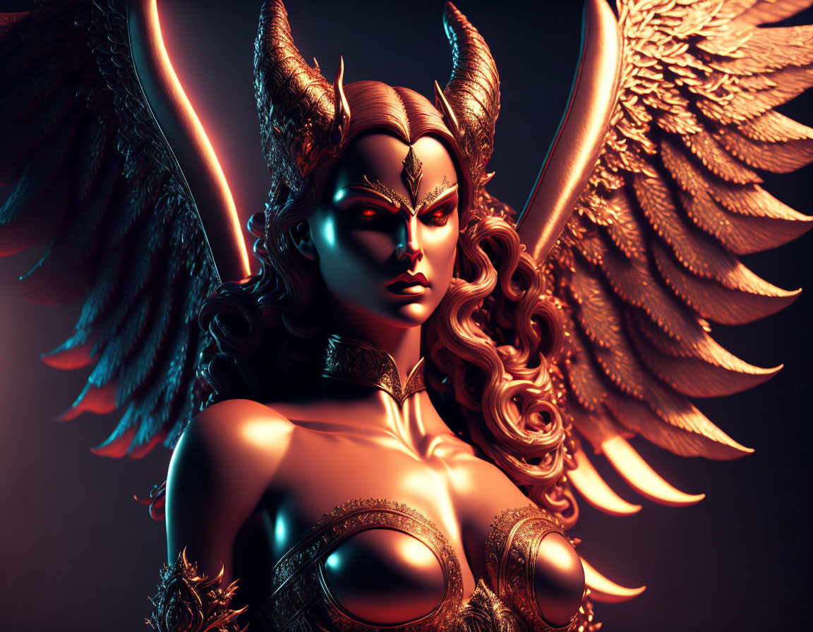 Stylized female figure with golden horns and wings in 3D illustration