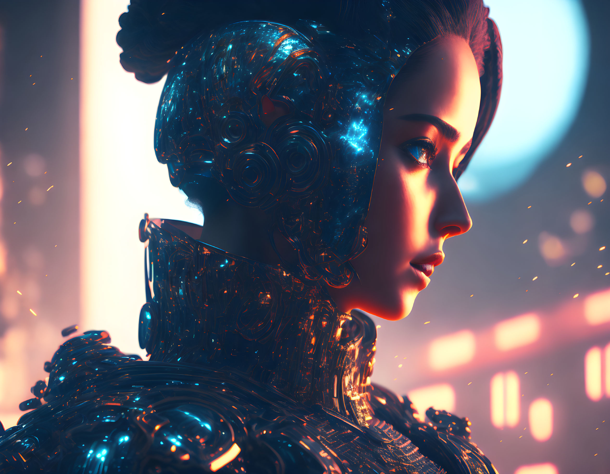 Cybernetic woman in intricate armor with glowing blue lights in futuristic setting