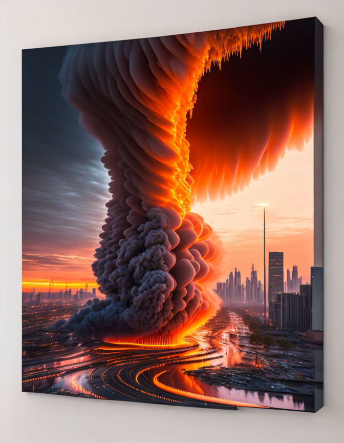 Surreal cityscape with spiraling cloud formation and lava rivers at sunset