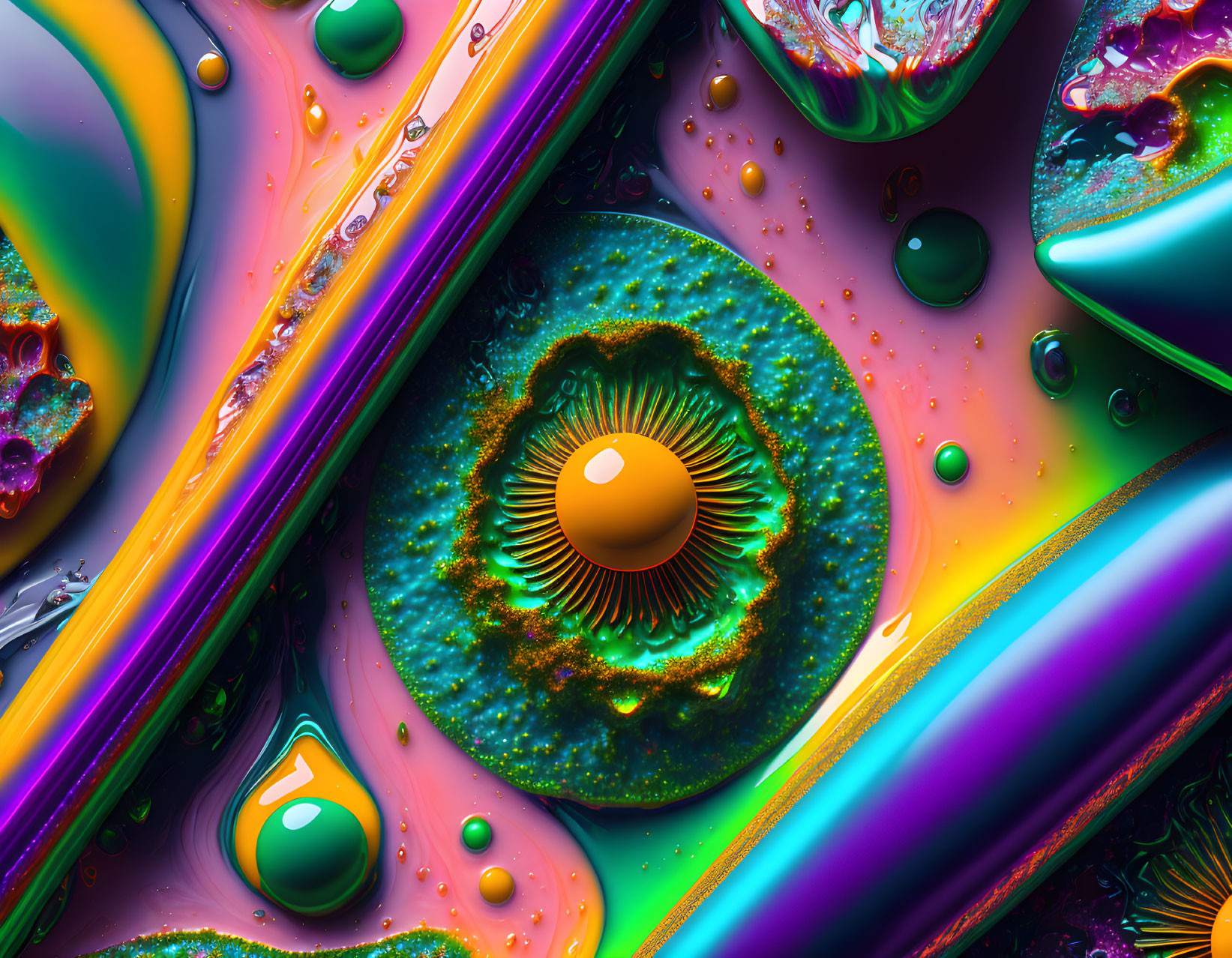 Abstract Composition with Iridescent Eye and Fluid Shapes