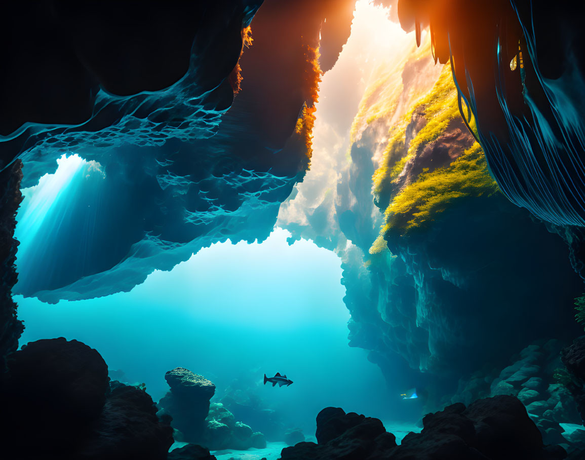 Diver Explores Vibrant Underwater Cave with Marine Flora