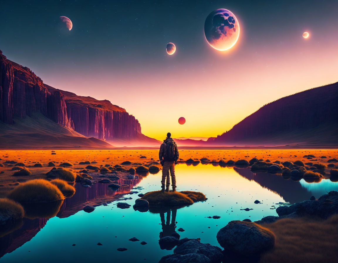 Alien planet scene: person by reflective water, moons & planets in twilight sky above desert cliffs