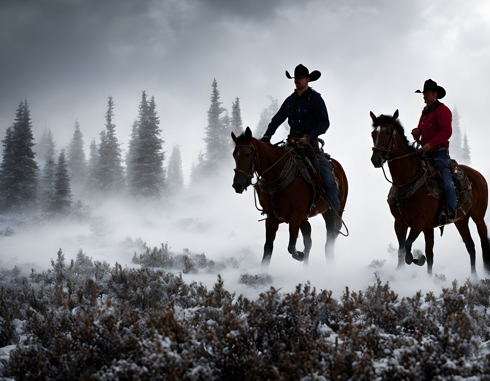 Cowboys on horseback in misty landscape with sparse trees