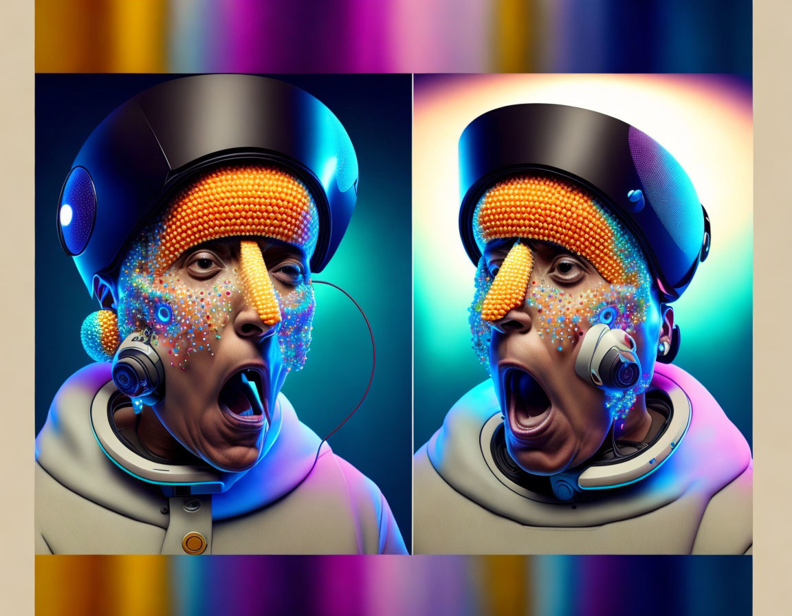 Digital artwork: Futuristic helmet character with glowing facial dots in split-panel design