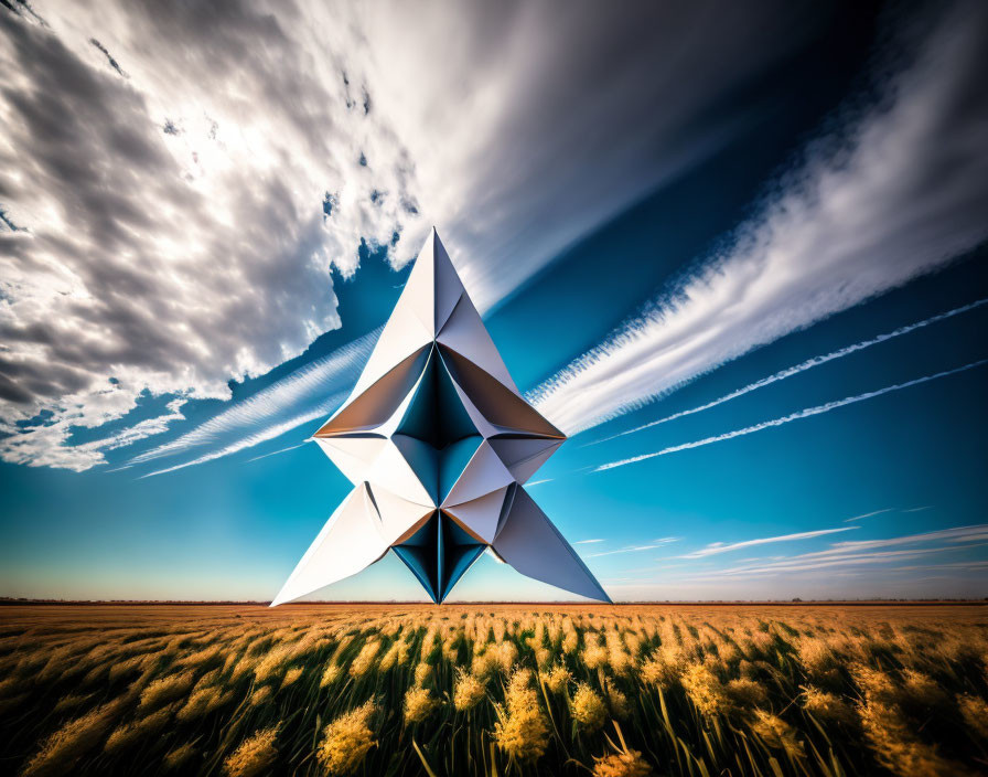 Geometric sculpture in field under blue sky with streaky clouds