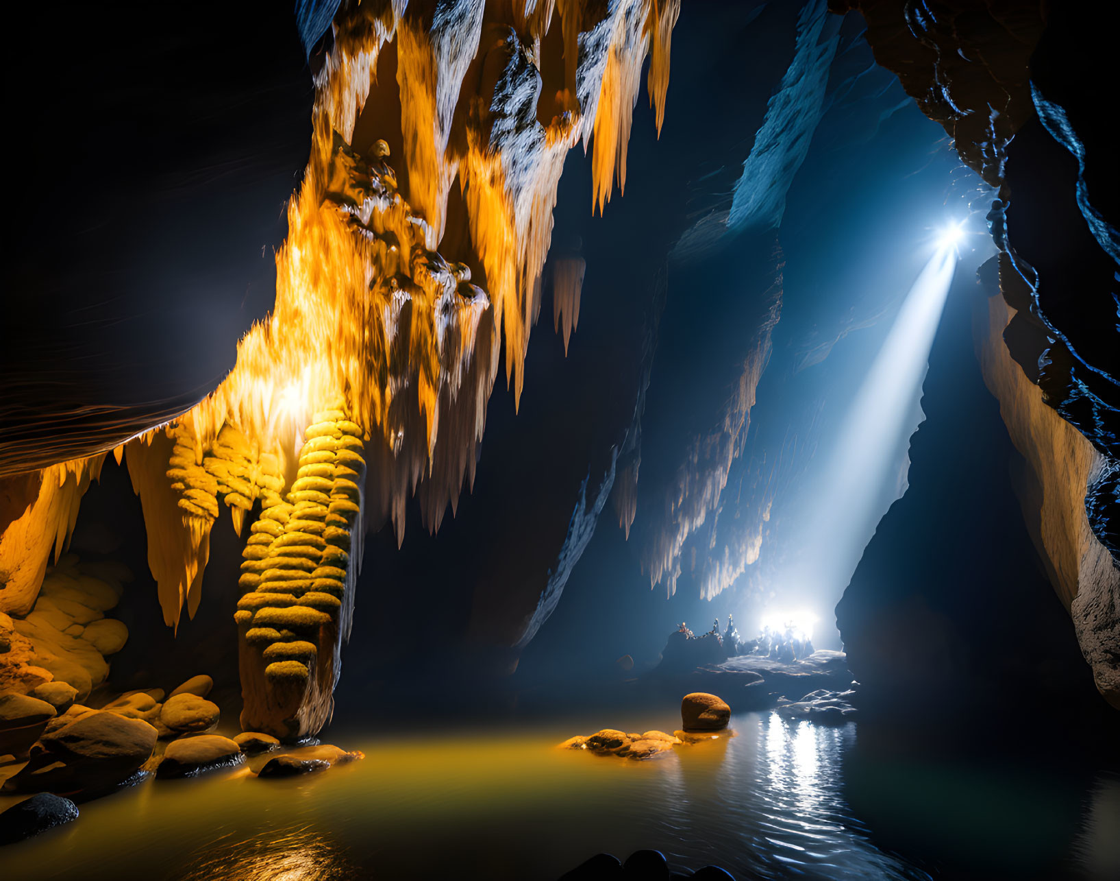 Majestic underground cave with serene pool, illuminated by sunlight