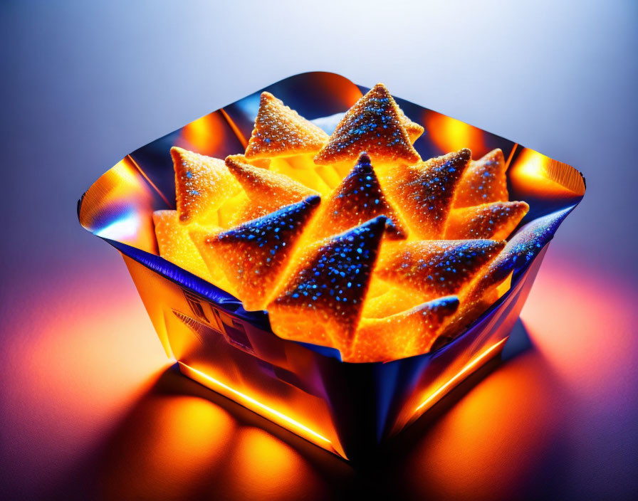 Origami-like orange and blue star structure casting soft glow