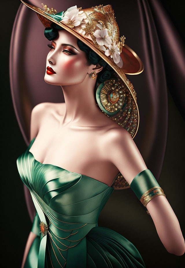 Vintage Green Dress Woman Portrait with Elaborate Hat and Jewelry