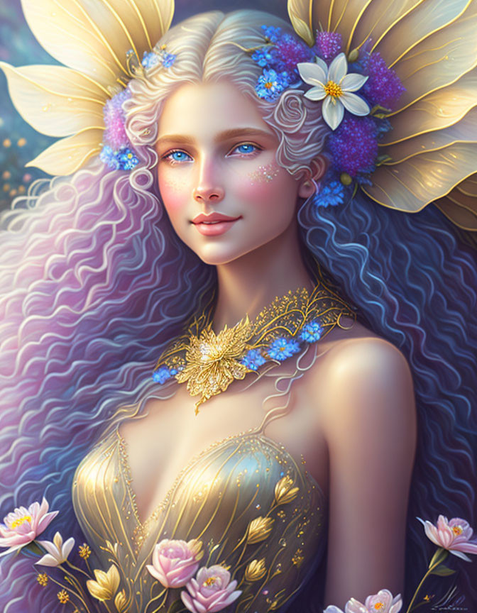 Ethereal illustration of woman with wavy hair, floral adornments, sparkles, and golden