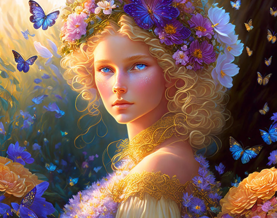 Fantasy portrait of woman with floral hair adornments and butterflies in golden light