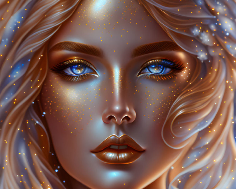 Portrait of a woman with golden skin, blue eyes, and wavy hair adorned with sparkling stars.