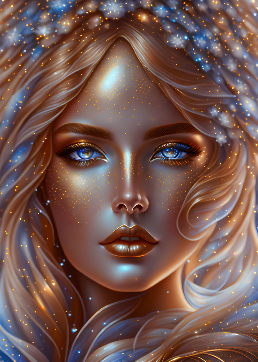 Portrait of a woman with golden skin, blue eyes, and wavy hair adorned with sparkling stars.