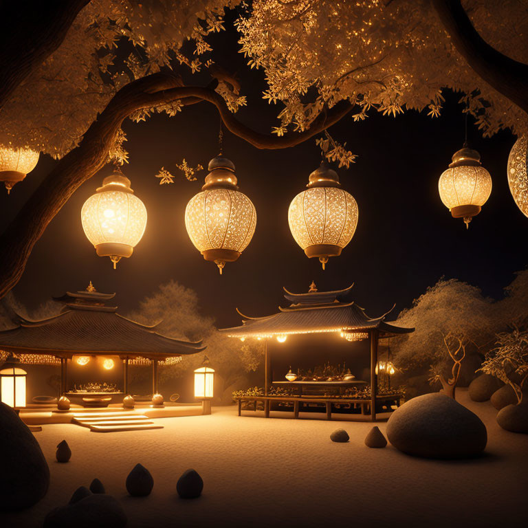 Snow-covered Asian garden with glowing lanterns at night