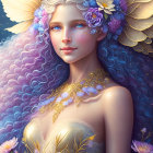 Ethereal illustration of woman with wavy hair, floral adornments, sparkles, and golden