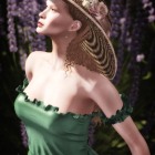 Vintage Green Dress Woman Portrait with Elaborate Hat and Jewelry