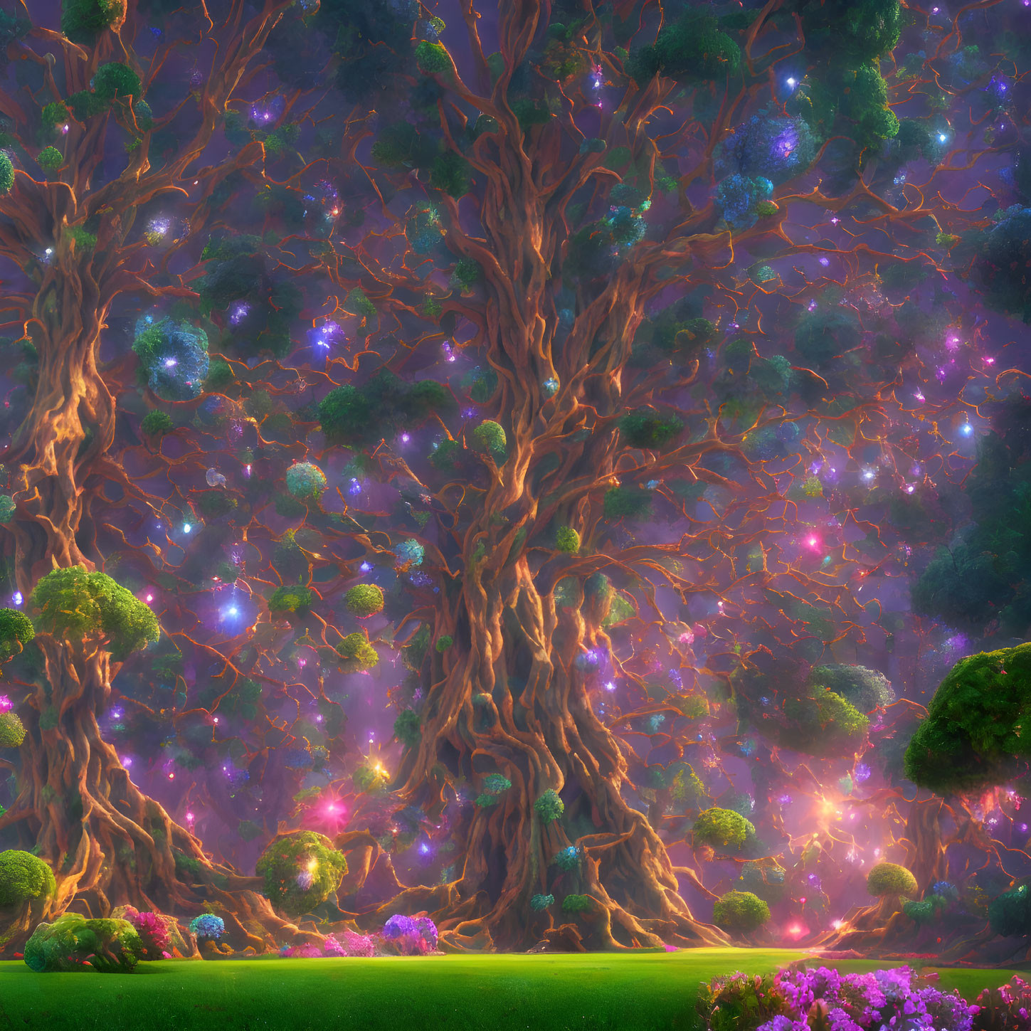 Enchanting Fantasy Forest with Twinkling Lights and Magical Flora