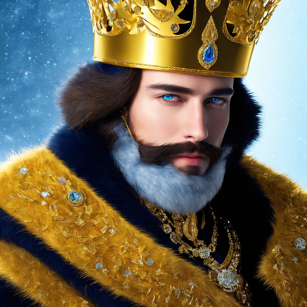 Regal Figure with Blue Eyes in Golden Crown and Fur-Trimmed Cloak