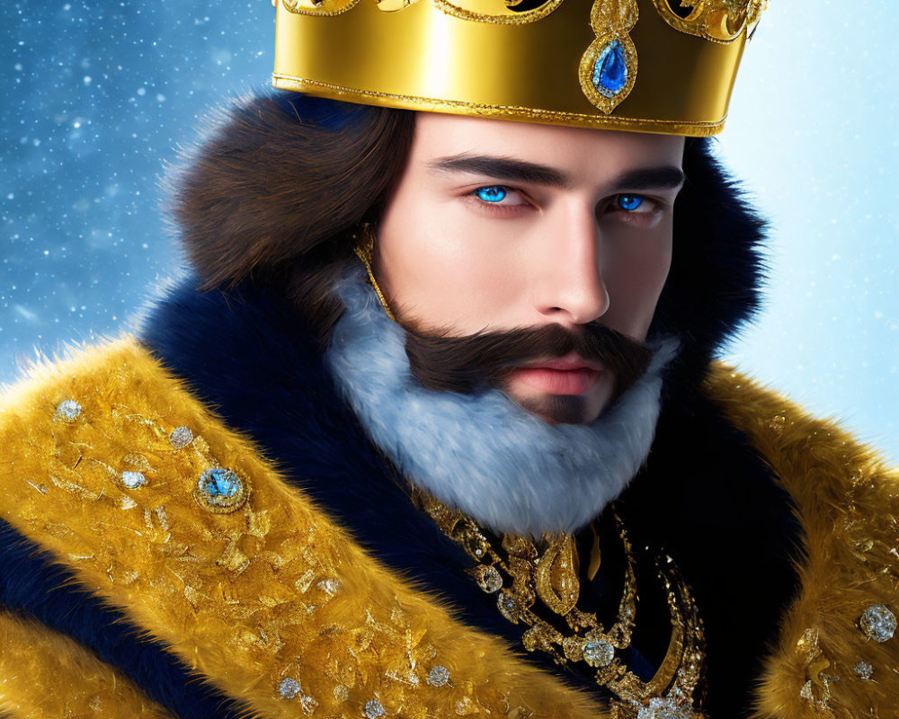 Regal Figure with Blue Eyes in Golden Crown and Fur-Trimmed Cloak