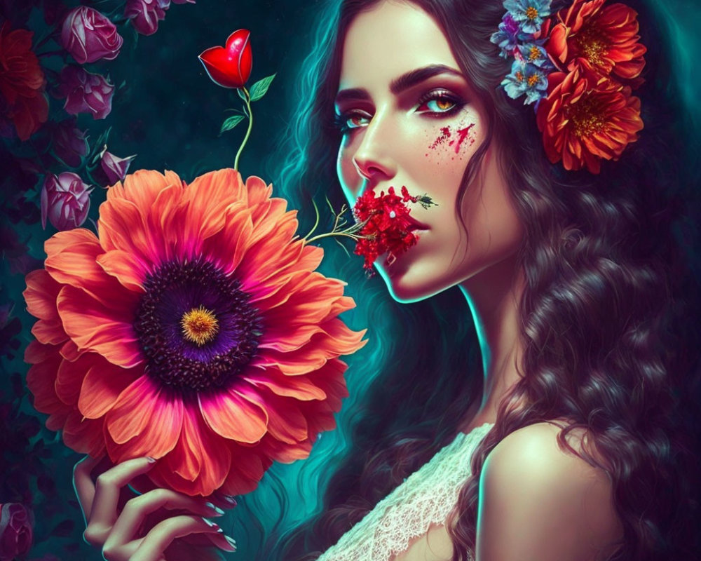 Woman with Floral Hair Ornaments Holding Orange Flower in Surreal Artistic Portrait