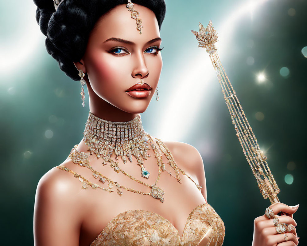 Regal woman with golden crown and scepter on sparkling background