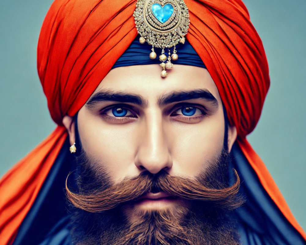 Styled bearded man in orange turban with jewel and metalwork on blue background