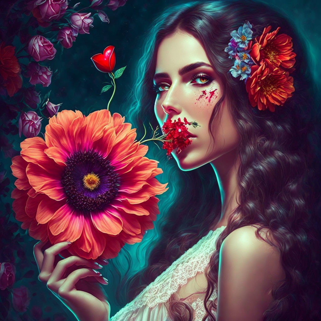 Woman with Floral Hair Ornaments Holding Orange Flower in Surreal Artistic Portrait